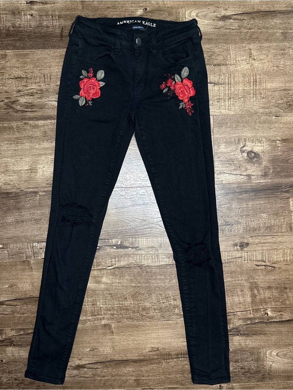 American Eagle Outfitters Black Skinny Jeans with Red Floral Embroidery